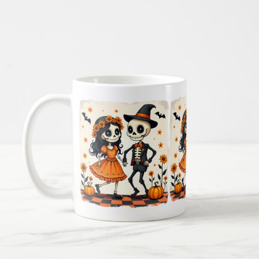 Niedliches Halloween Skeleton-Paar in Orange Kaffeetasse (Links)