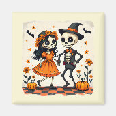 Niedliches Halloween Skeleton-Paar in Orange Magnet (Vorne)