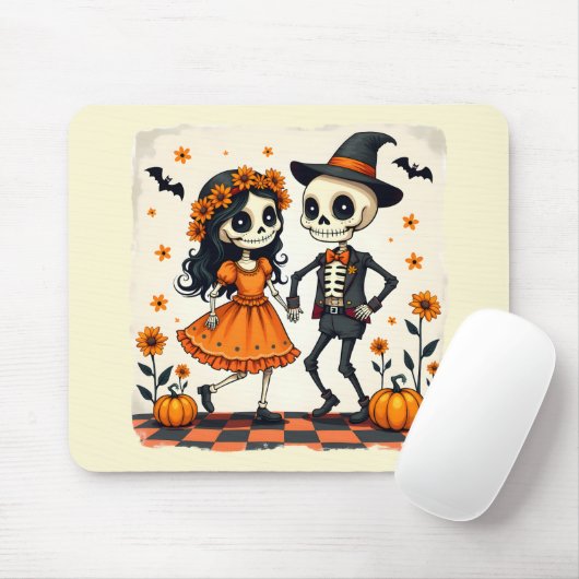 Niedliches Halloween Skeleton-Paar in Orange Mousepad (Mit Mouse)