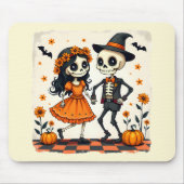 Niedliches Halloween Skeleton-Paar in Orange Mousepad (Vorne)