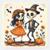 Niedliches Halloween Skeleton-Paar in Orange Quadratischer Aufkleber (Vorderseite)