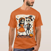 Niedliches Halloween Skeleton-Paar in Orange T-Shirt (Vorderseite)