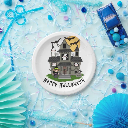 Niedliches Halloween Spuk Haus und kleine Hexe Pappteller (Party)