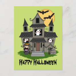 Niedliches Halloween Spuk Haus und kleine Hexe Postkarte