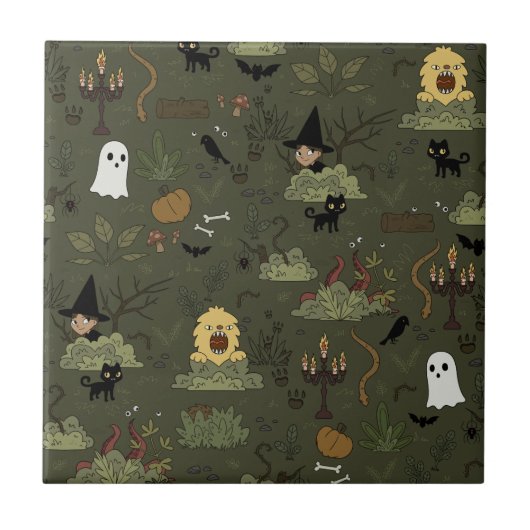 Niedliches Halloween-Spuk-Waldmuster Fliese (Vorderseite)