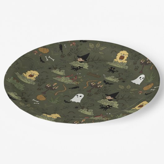 Niedliches Halloween-Spuk-Waldmuster Pappteller (Schrägansicht)