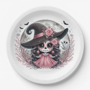 Niedliches Halloween Sugar Skull Spuk Szene Pappteller