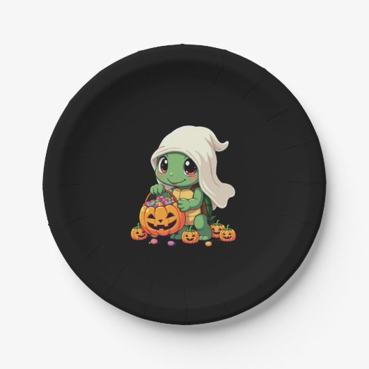 Niedliches Halloween Turtle Ghost mit Candy (3) Pappteller (Vorderseite)