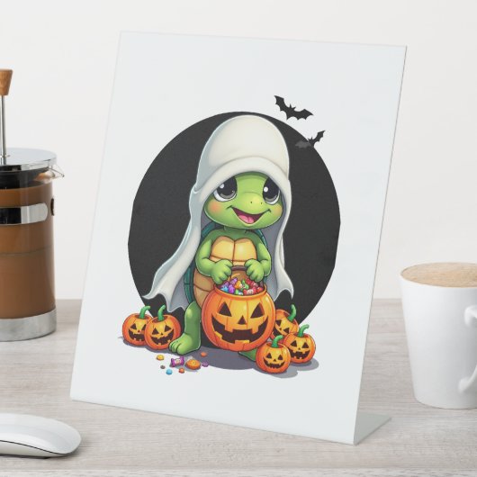 Niedliches Halloween Turtle Ghost mit Candy (7) Sockelschild (In Situ)