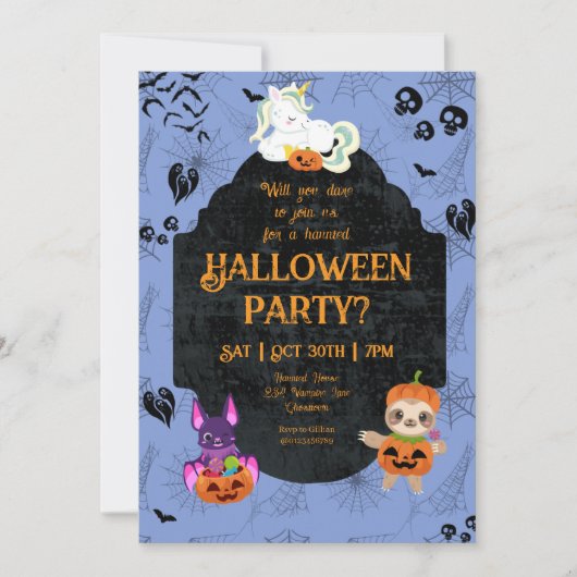 Niedliches Halloween Unicorn, Bat, Sloth Party Einladung (Vorderseite)