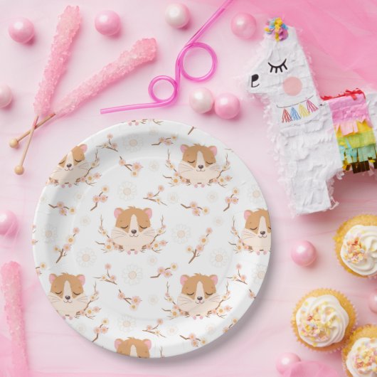 Niedliches Hamsterfoto und rosa Blume Muster Party Pappteller (Party)