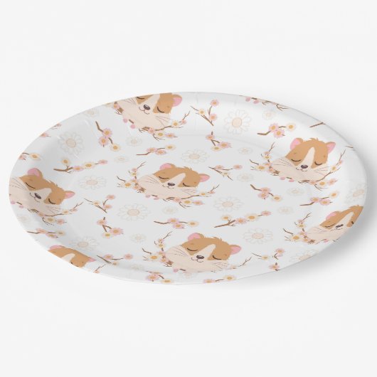 Niedliches Hamsterfoto und rosa Blume Muster Party Pappteller (Schrägansicht)