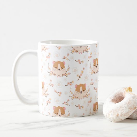Niedliches Hamstergesicht und rosa Blume Muster Kaffeetasse (Mit Donut)