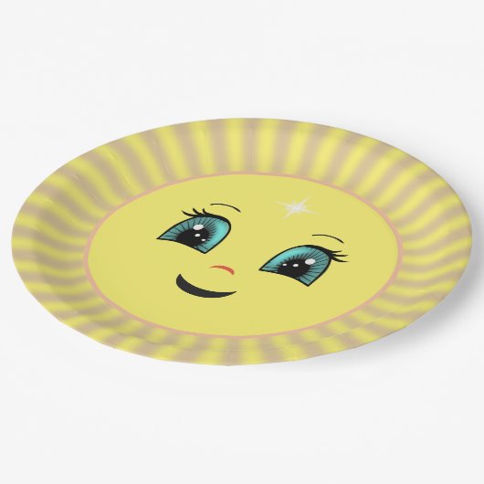 Niedliches Happy Sun Face & Rays Pappteller (Schrägansicht)