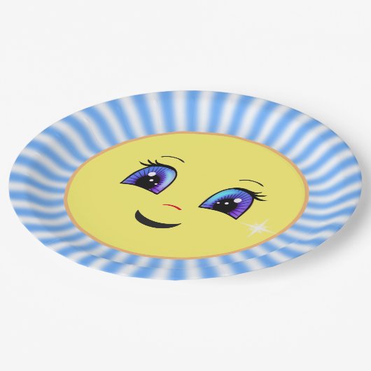 Niedliches Happy Sun Face & Rays Pappteller (Schrägansicht)