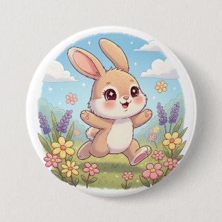 Niedliches Häschen hüpft auf einem Blumenfeld Button