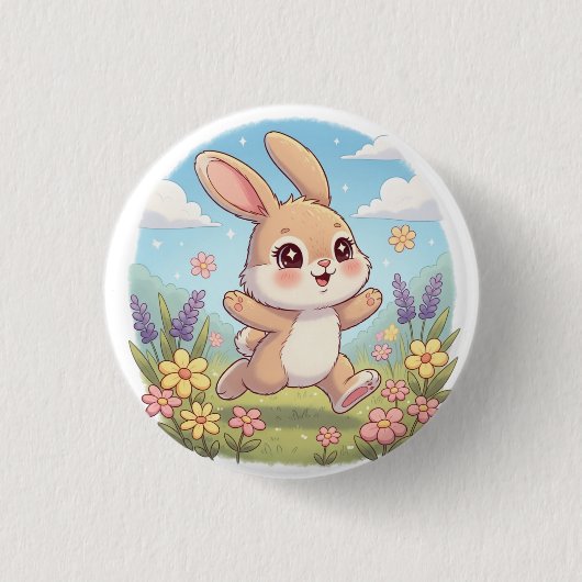 Niedliches Häschen hüpft auf einem Blumenfeld Button (Vorderseite)