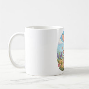 Niedliches Häschen hüpft auf einem Blumenfeld Kaffeetasse