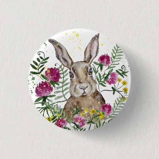 Niedliches Hasen in Aquarellfarben-Blume Button (Vorderseite)
