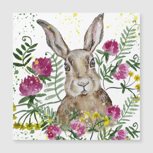 Niedliches Hasen in Aquarellfarben-Blume Magnetkarte (Vorderseite)