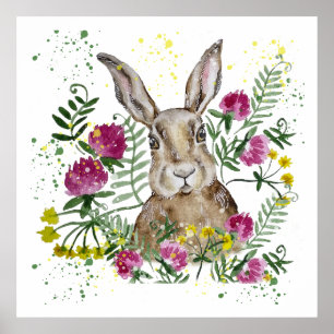 Niedliches Hasen in Aquarellfarben-Blume Poster