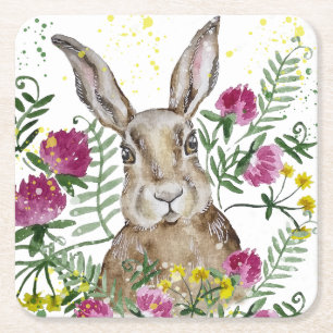 Niedliches Hasen in Aquarellfarben-Blume Rechteckiger Pappuntersetzer