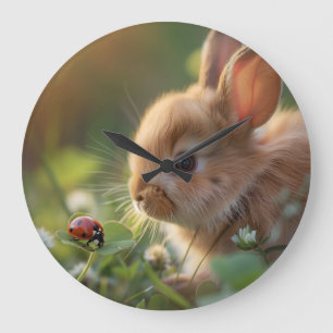 Niedliches Hasen und eine Ladybug auf dem grünen F Große Wanduhr