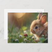 Niedliches Hasen und eine Ladybug auf dem grünen F Postkarte (Vorne/Hinten)