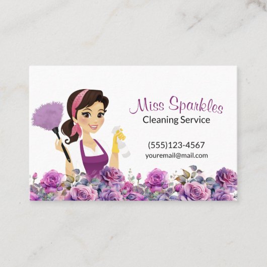 Niedliches Haus Reinigung Lila Blumenmädchen Servi Visitenkarte (Vorderseite)