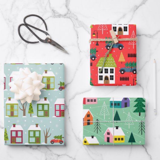 Niedliches Haus Weihnachtsmuster Geschenkpapier Set (Vorderseite)
