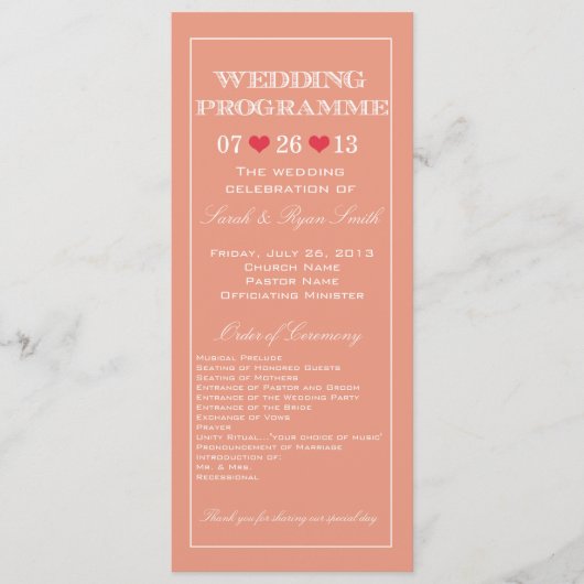 Niedliches Heart Peach Wedding Program Programm (Vorderseite)