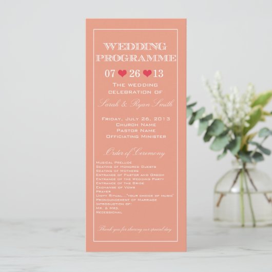 Niedliches Heart Peach Wedding Program Programm (Stehend Vorderseite)