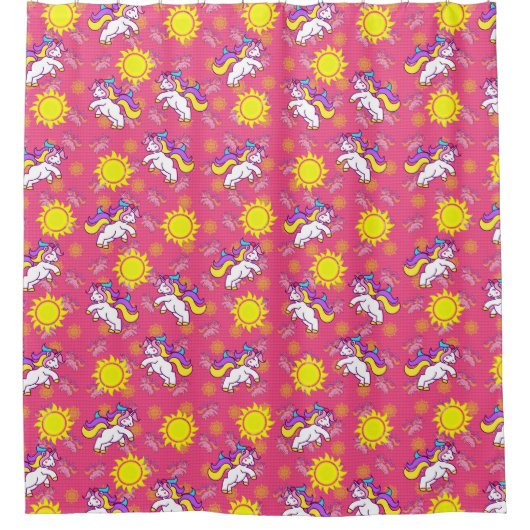 Niedliches, heiß rosa, sonniges Einhornmuster Duschvorhang (Vorderseite)