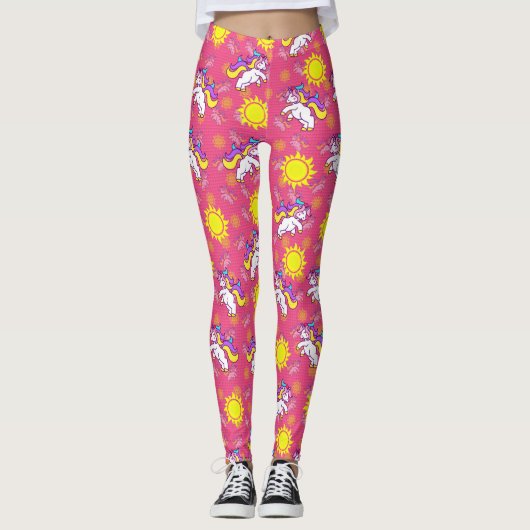 Niedliches, heiß rosa, sonniges Einhornmuster Leggings (Vorderseite)