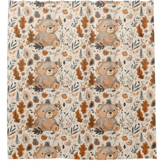 Niedliches Herbstbär- und Waldblattmuster Duschvorhang (Vorderseite)