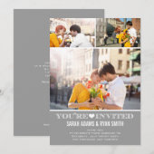 Niedliches Herz Grau Hochzeit Drei Foto Einladung (Vorne/Hinten)