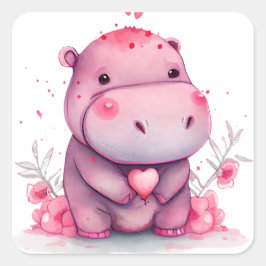 Niedliches Herz Hippo Valentine Quadratischer Aufkleber