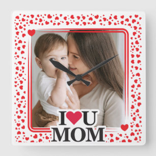 Niedliches HERZ I LIEBE DU MAMA Muttertag Foto Ges Quadratische Wanduhr