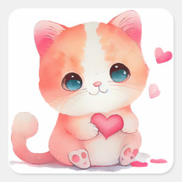 Niedliches Herz Katze Valentine Quadratischer Aufkleber