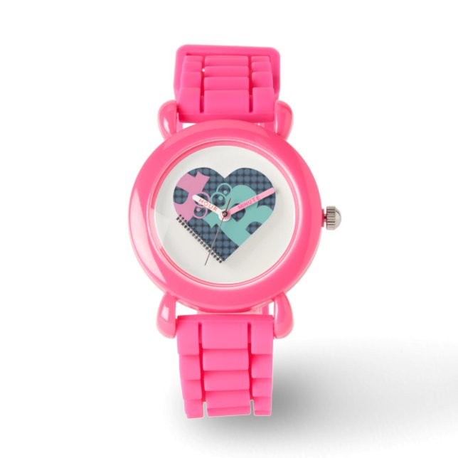 Niedliches Herz Notebook Farbe Blau Pink MODERN eW Armbanduhr (Vorderseite)