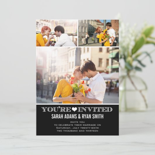 Niedliches Herz Schwarz Hochzeit Drei Foto Einladu Einladung (Stehend Vorderseite)