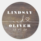Niedliches Herz Skript Brown Wood Rustic Wedding Runder Aufkleber (Vorderseite)