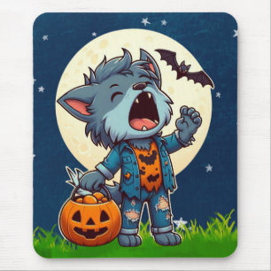 Niedliches heulendes Wölfmonster mit Kürbis Mousepad