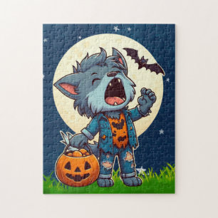 Niedliches heulendes Wölfmonster mit Kürbis Puzzle