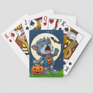 Niedliches heulendes Wölfmonster mit Kürbis Spielkarten