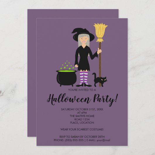 Niedliches Hexenmädchen auf einem Halloween-Party  Einladung (Vorne/Hinten)