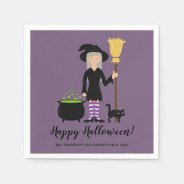 Niedliches Hexenmädchen mit Katzenbeil und glückli Serviette