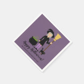 Niedliches Hexenmädchen mit Katzenbeil und glückli Serviette (Ecke)