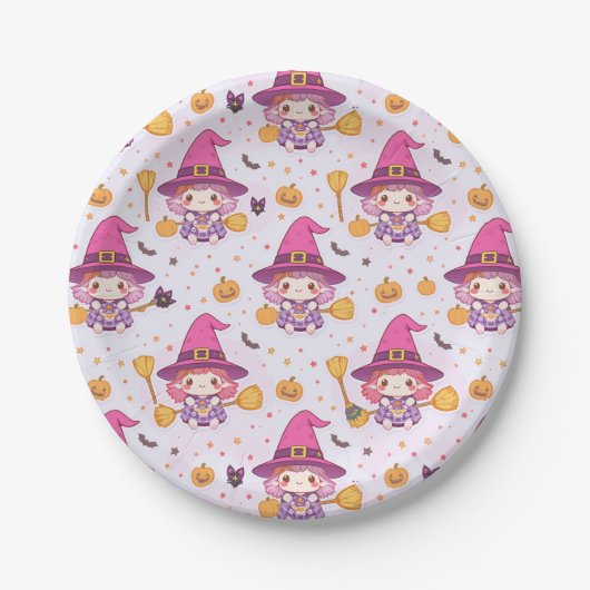 Niedliches Hexenmuster mit Pumpkins und Bat Pappteller (Vorderseite)