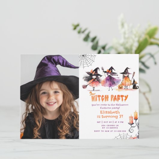 Niedliches HexenParty Halloween Kostüm Party Foto Einladung (Stehend Vorderseite)